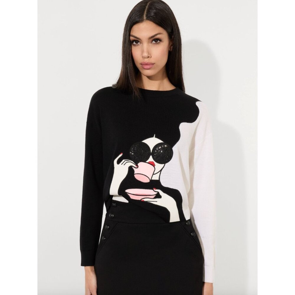 Alice + Olivia Gleeson Stace Face Wool Black White Sweater Medium